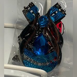 Betsey Johnson Necklace Teardrop Blue Rhinestones Gunmetal SilverTone Chain